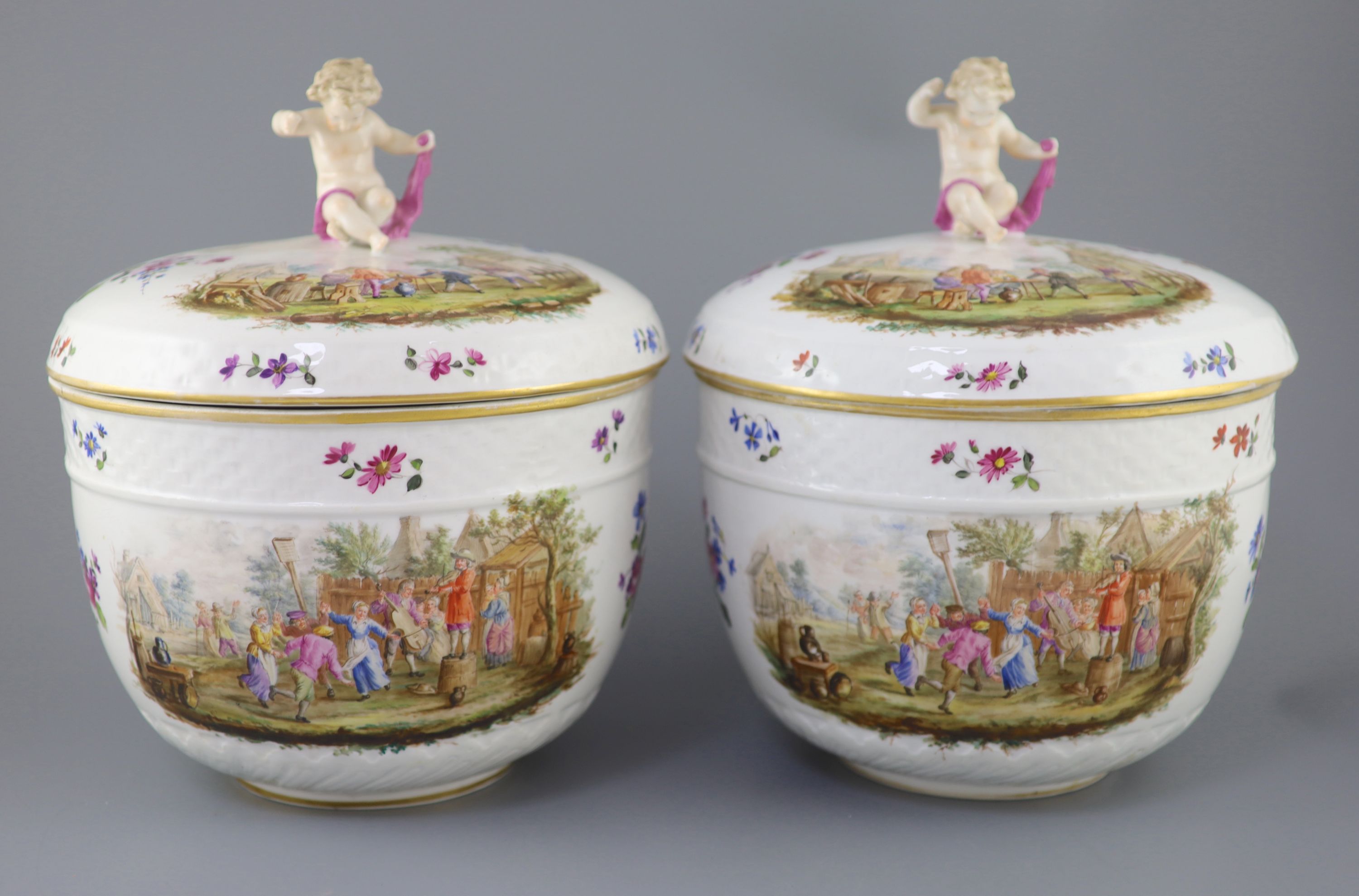 A pair of large Meissen style porcelain bowls and covers, late 19th century, possibly Potschappel, 34cm high 29cm diameter